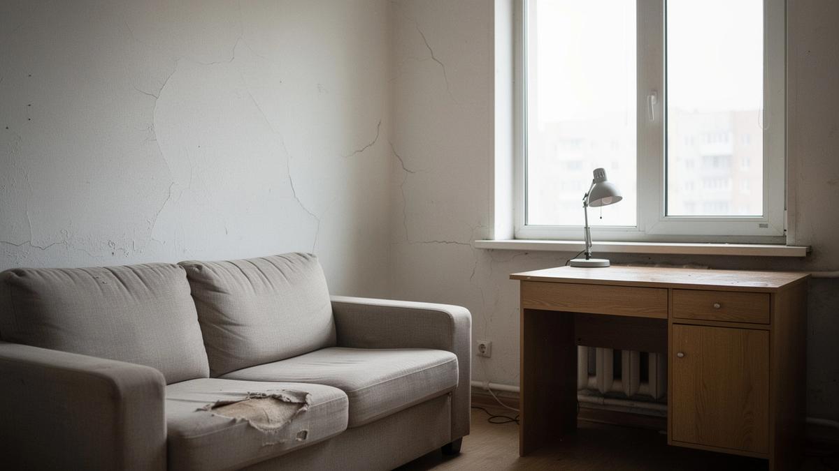 Documentary photograph of a furnished Kyiv apartment living room with daylight falling across a neutral sofa and a small work desk